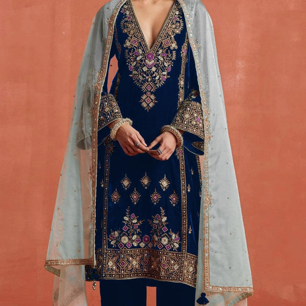 Anaita Navy Heavy Velvet Suit With Embroidery Work - Distacart