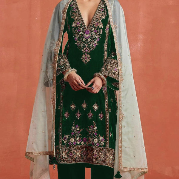 Anaita Dark Green Heavy Velvet Suit With Embroidery Work - Distacart