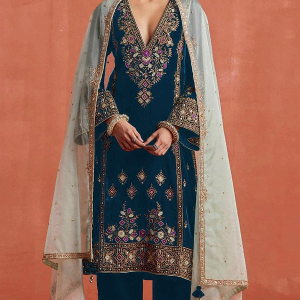 Anaita Teal Heavy Velvet Suit With Embroidery Work - Distacart