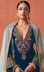 Thumbnail for Anaita Teal Heavy Velvet Suit With Embroidery Work - Distacart