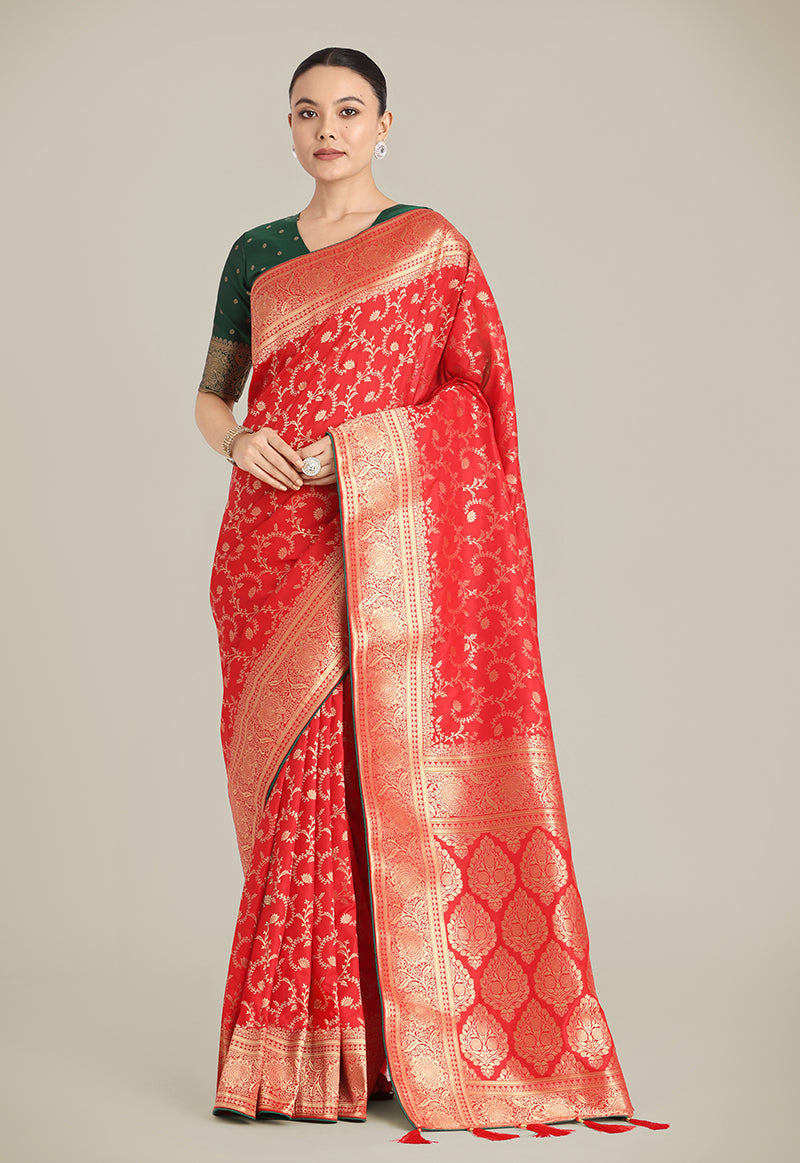 Monjolika Fashion Red Color Banarasi Silk Wedding Collection Saree - Distacart