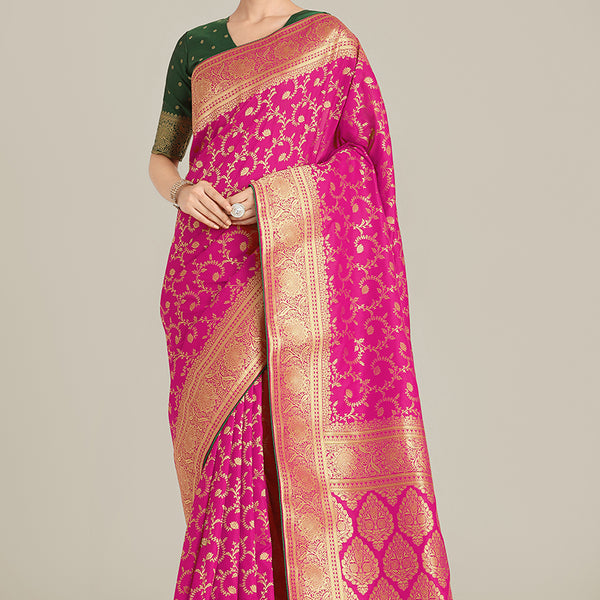 Monjolika Fashion Rani Pink Color Banarasi Silk Wedding Collection Saree - Distacart