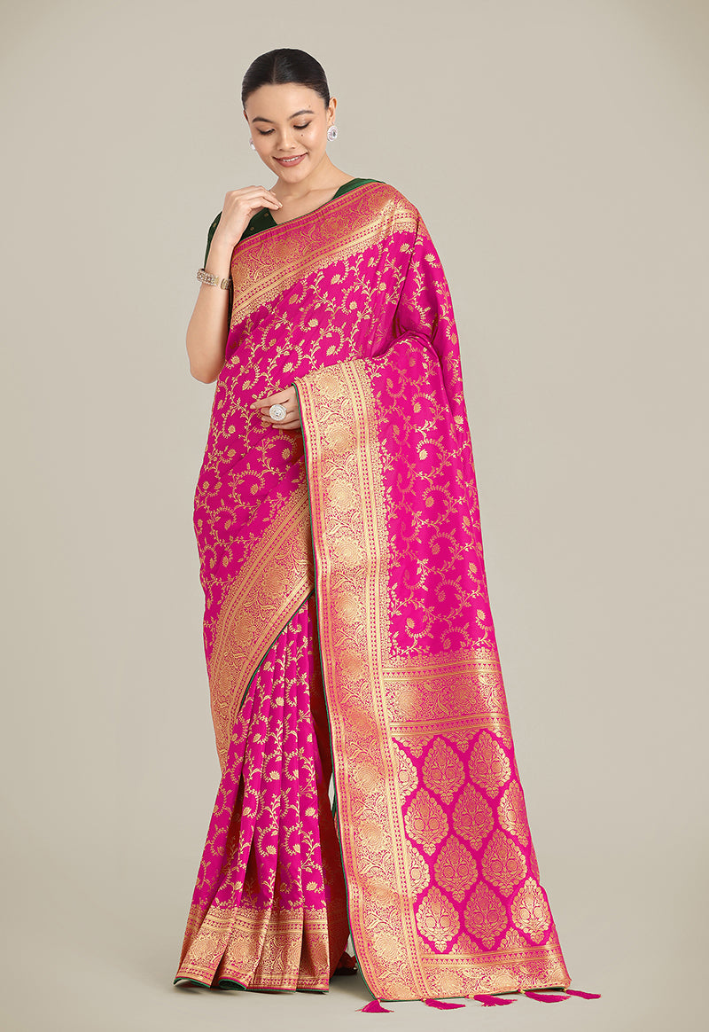 Monjolika Fashion Rani Pink Color Banarasi Silk Wedding Collection Saree - Distacart