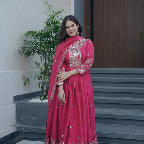 Lorenvalley Fashion Gajari Pink Shimmer Silk Embroidery Sequins Work Anarkali Gown with Dupatta - Distacart