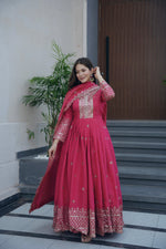 Thumbnail for Lorenvalley Fashion Gajari Pink Shimmer Silk Embroidery Sequins Work Anarkali Gown with Dupatta - Distacart