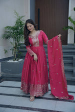 Thumbnail for Lorenvalley Fashion Gajari Pink Shimmer Silk Embroidery Sequins Work Anarkali Gown with Dupatta - Distacart
