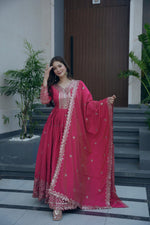 Thumbnail for Lorenvalley Fashion Gajari Pink Shimmer Silk Embroidery Sequins Work Anarkali Gown with Dupatta - Distacart