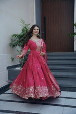 Thumbnail for Lorenvalley Fashion Gajari Pink Shimmer Silk Embroidery Sequins Work Anarkali Gown with Dupatta - Distacart