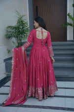 Thumbnail for Lorenvalley Fashion Gajari Pink Shimmer Silk Embroidery Sequins Work Anarkali Gown with Dupatta - Distacart