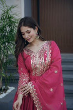 Thumbnail for Lorenvalley Fashion Gajari Pink Shimmer Silk Embroidery Sequins Work Anarkali Gown with Dupatta - Distacart