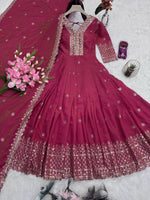Thumbnail for Lorenvalley Fashion Gajari Pink Shimmer Silk Embroidery Sequins Work Anarkali Gown with Dupatta - Distacart