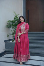 Thumbnail for Lorenvalley Fashion Gajari Pink Shimmer Silk Embroidery Sequins Work Anarkali Gown with Dupatta - Distacart