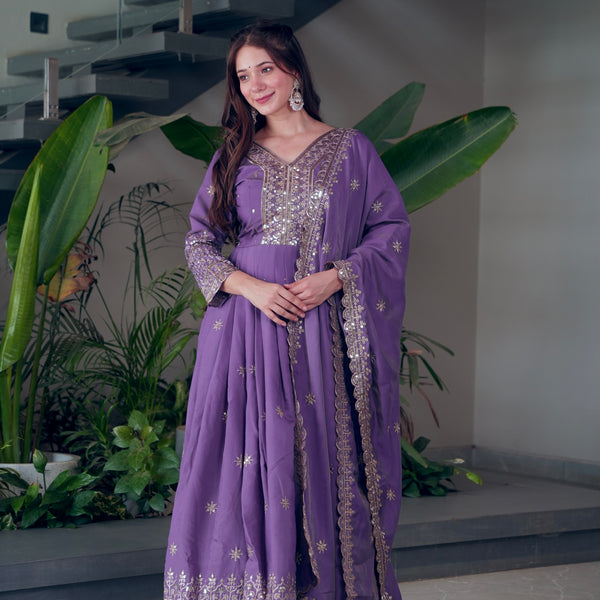 Lorenvalley Fashion Lavender Shimmer Silk Embroidery Sequins Work Anarkali Gown with Dupatta - Distacart