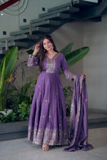 Thumbnail for Lorenvalley Fashion Lavender Shimmer Silk Embroidery Sequins Work Anarkali Gown with Dupatta - Distacart