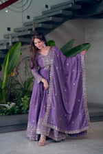 Thumbnail for Lorenvalley Fashion Lavender Shimmer Silk Embroidery Sequins Work Anarkali Gown with Dupatta - Distacart