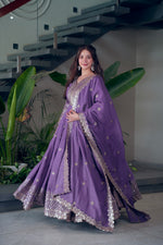 Thumbnail for Lorenvalley Fashion Lavender Shimmer Silk Embroidery Sequins Work Anarkali Gown with Dupatta - Distacart