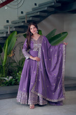 Thumbnail for Lorenvalley Fashion Lavender Shimmer Silk Embroidery Sequins Work Anarkali Gown with Dupatta - Distacart