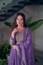 Thumbnail for Lorenvalley Fashion Lavender Shimmer Silk Embroidery Sequins Work Anarkali Gown with Dupatta - Distacart
