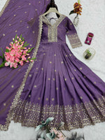 Thumbnail for Lorenvalley Fashion Lavender Shimmer Silk Embroidery Sequins Work Anarkali Gown with Dupatta - Distacart