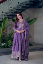 Thumbnail for Lorenvalley Fashion Lavender Shimmer Silk Embroidery Sequins Work Anarkali Gown with Dupatta - Distacart