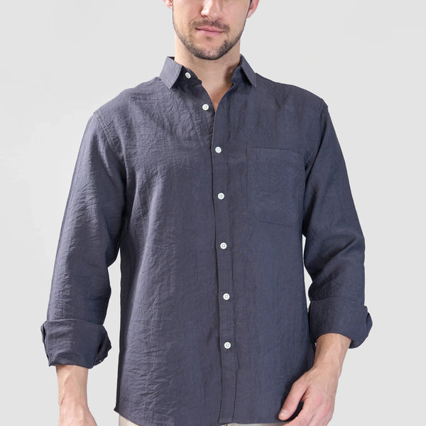 Xkind Dark Grey Crush Wrinkled Regular Fit Shirt