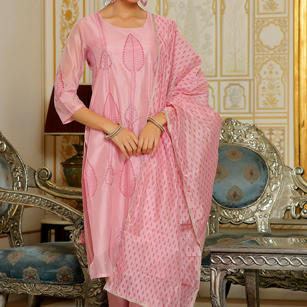 Vaasva Women Pink Chanderi Block Printed Embroidered Kurta Set With Solid Pants & Dupatta - Distacart