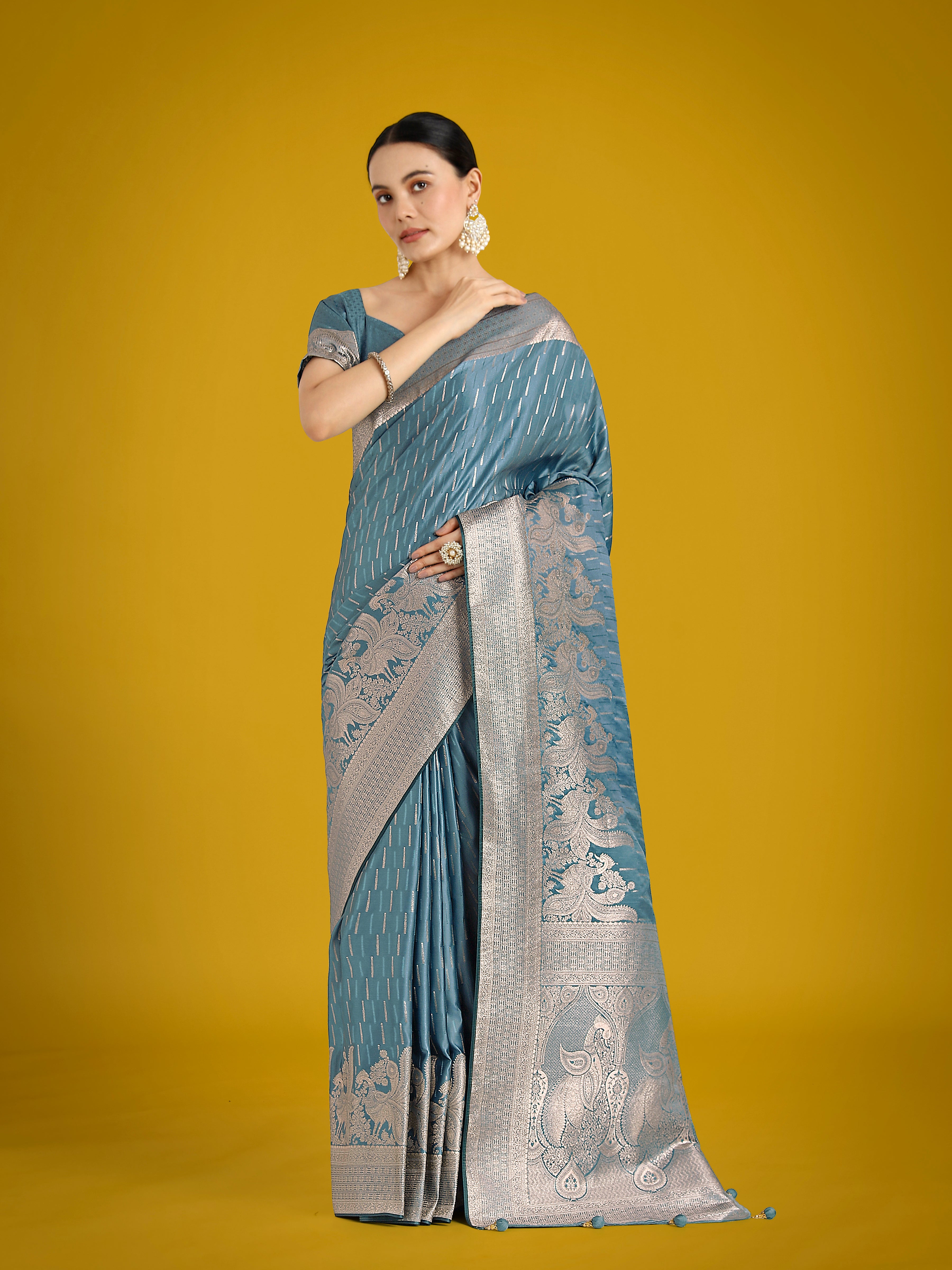 Monjolika Fashion Dusty Cyan Weaving Banarasi Satin Silk Trendy Saree For Festival