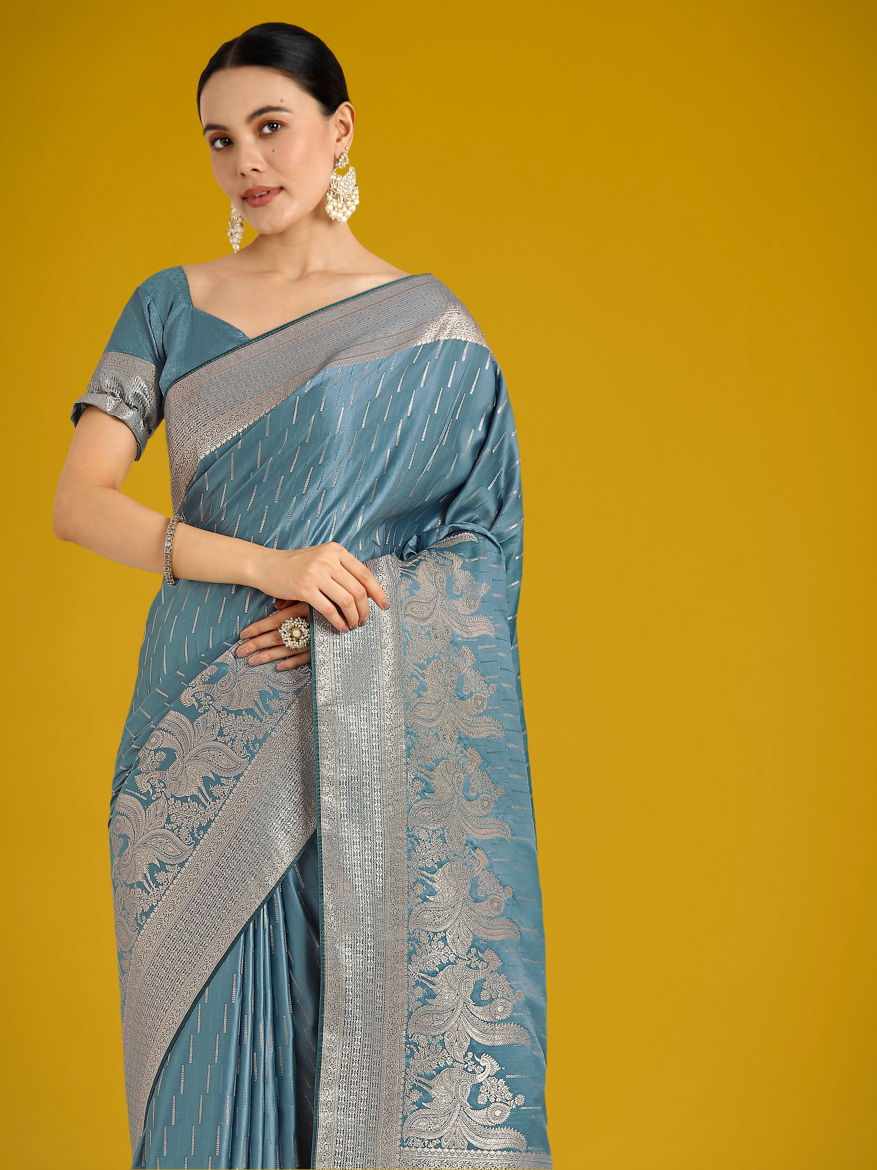 Monjolika Fashion Dusty Cyan Weaving Banarasi Satin Silk Trendy Saree For Festival