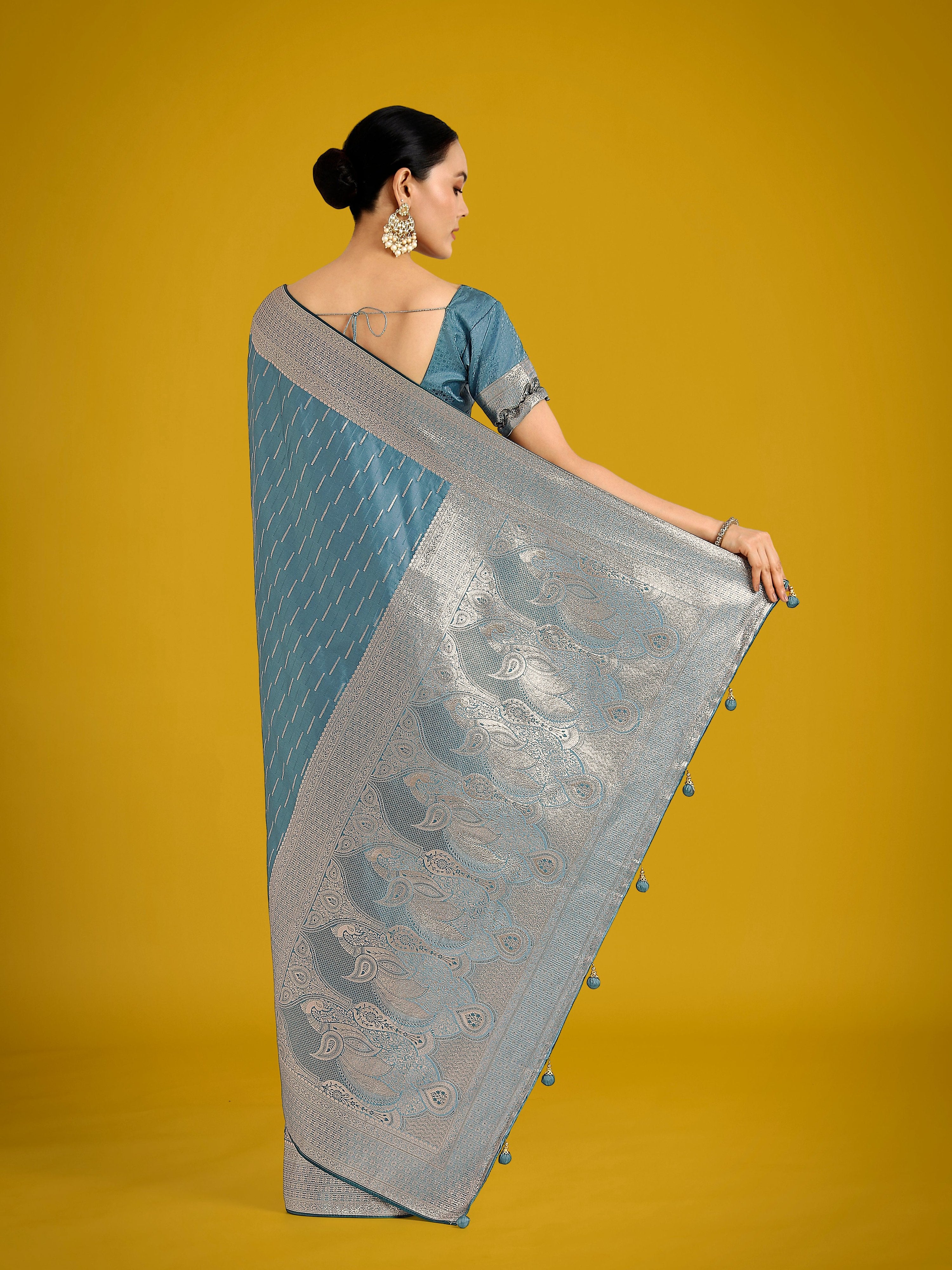 Monjolika Fashion Dusty Cyan Weaving Banarasi Satin Silk Trendy Saree For Festival