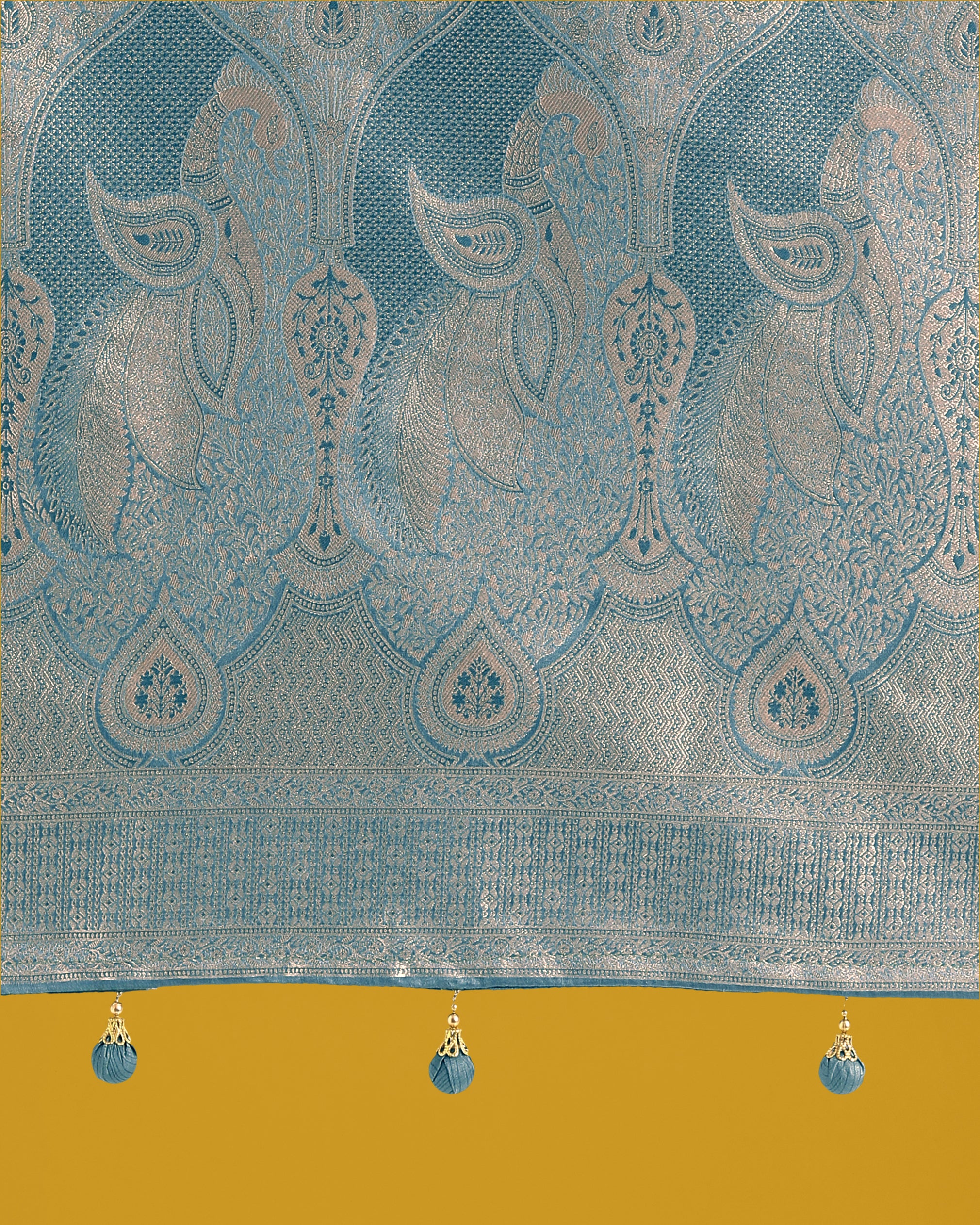 Monjolika Fashion Dusty Cyan Weaving Banarasi Satin Silk Trendy Saree For Festival