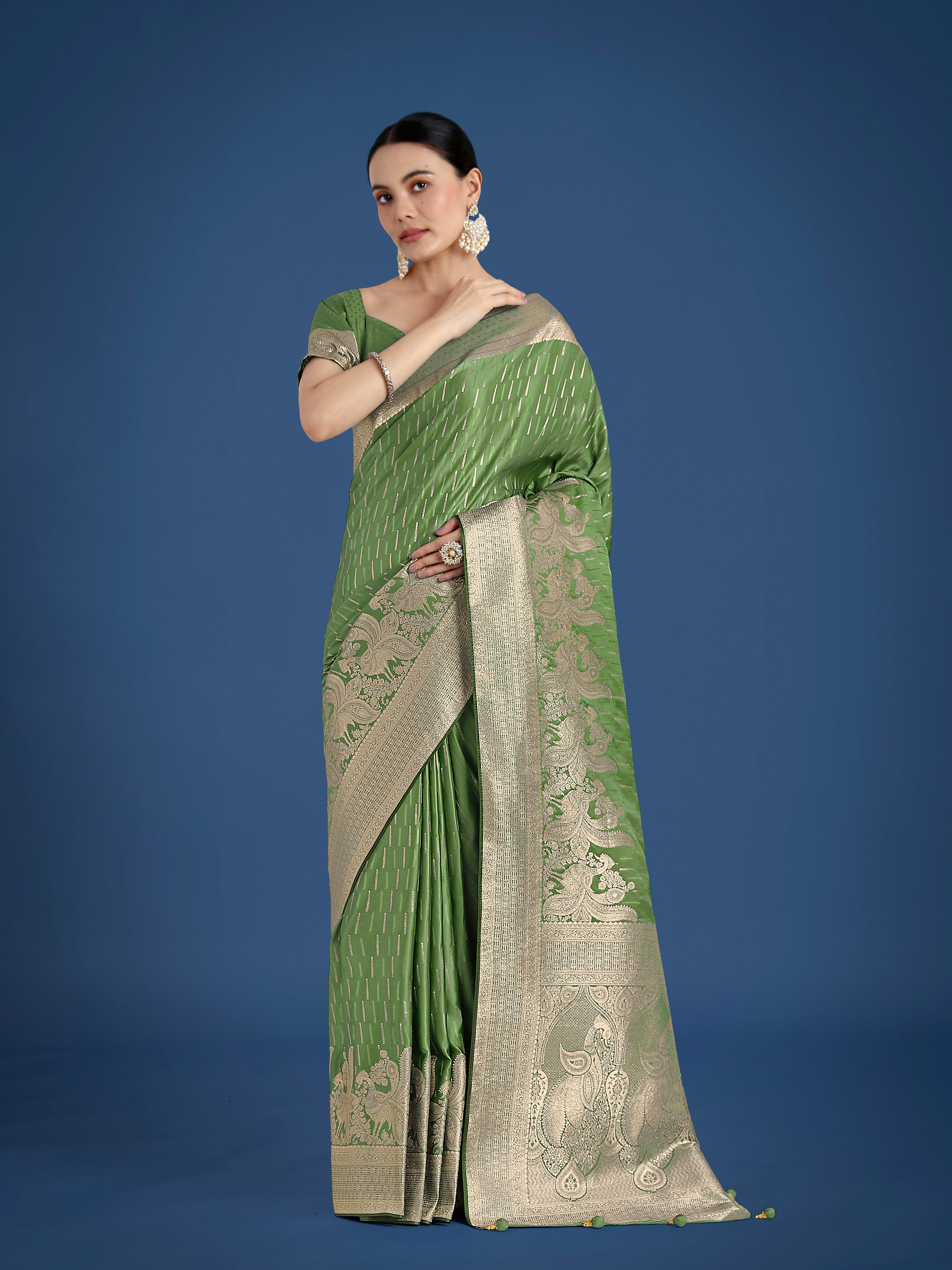 Monjolika Fashion Dusty Green Weaving Banarasi Satin Silk Trendy Saree For Festival