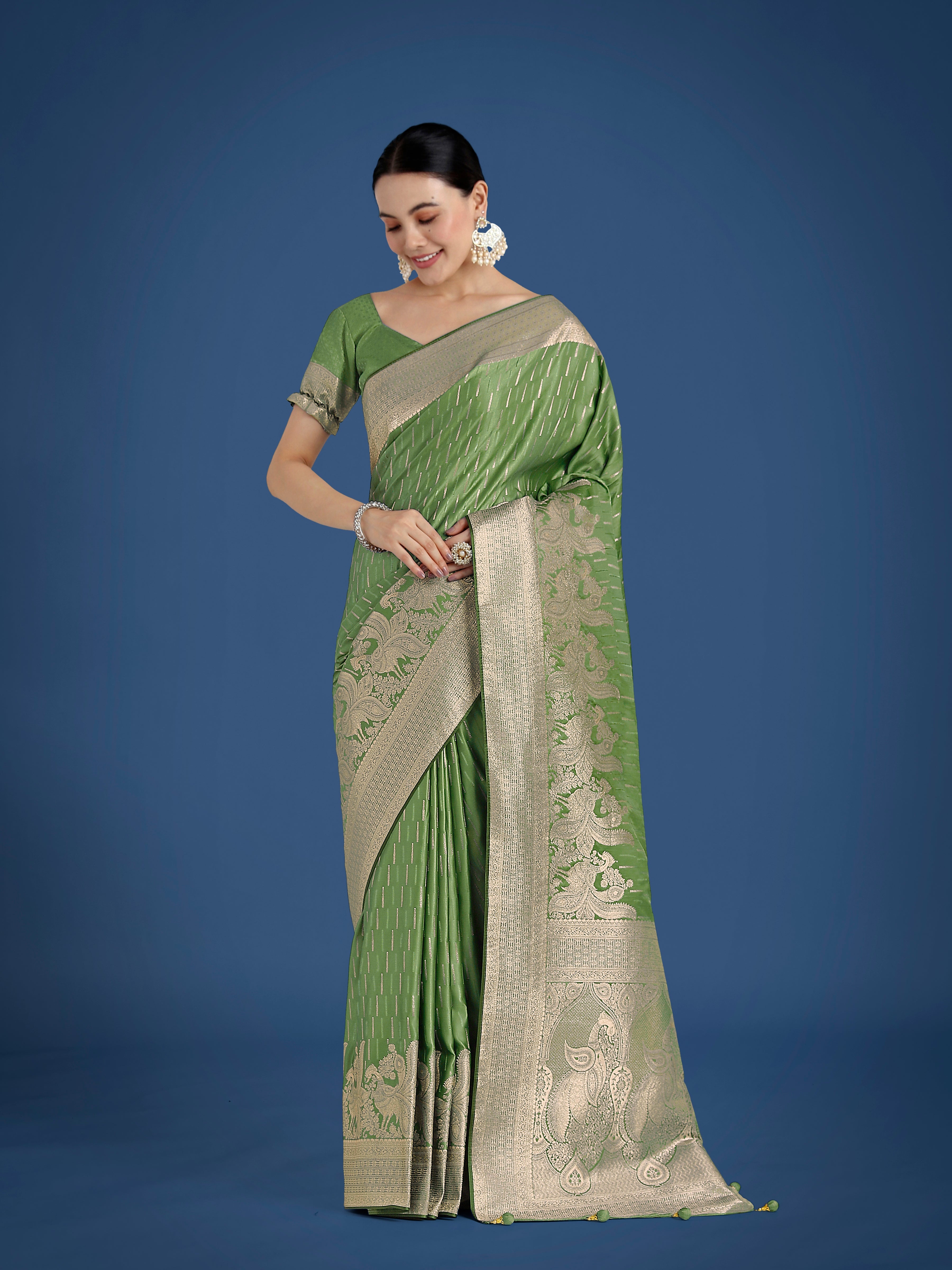 Monjolika Fashion Dusty Green Weaving Banarasi Satin Silk Trendy Saree For Festival