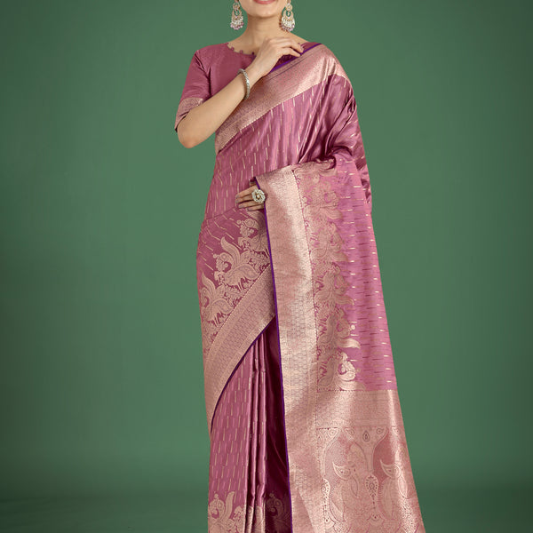 Monjolika Fashion Dusty Rose Pink Weaving Banarasi Satin Silk Trendy Saree For Festival - Distacart