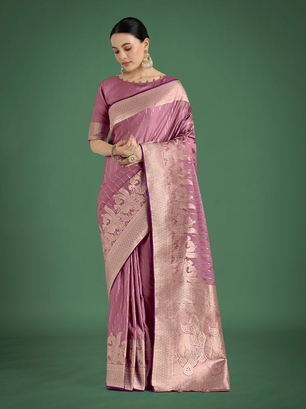 Monjolika Fashion Dusty Rose Pink Weaving Banarasi Satin Silk Trendy Saree For Festival