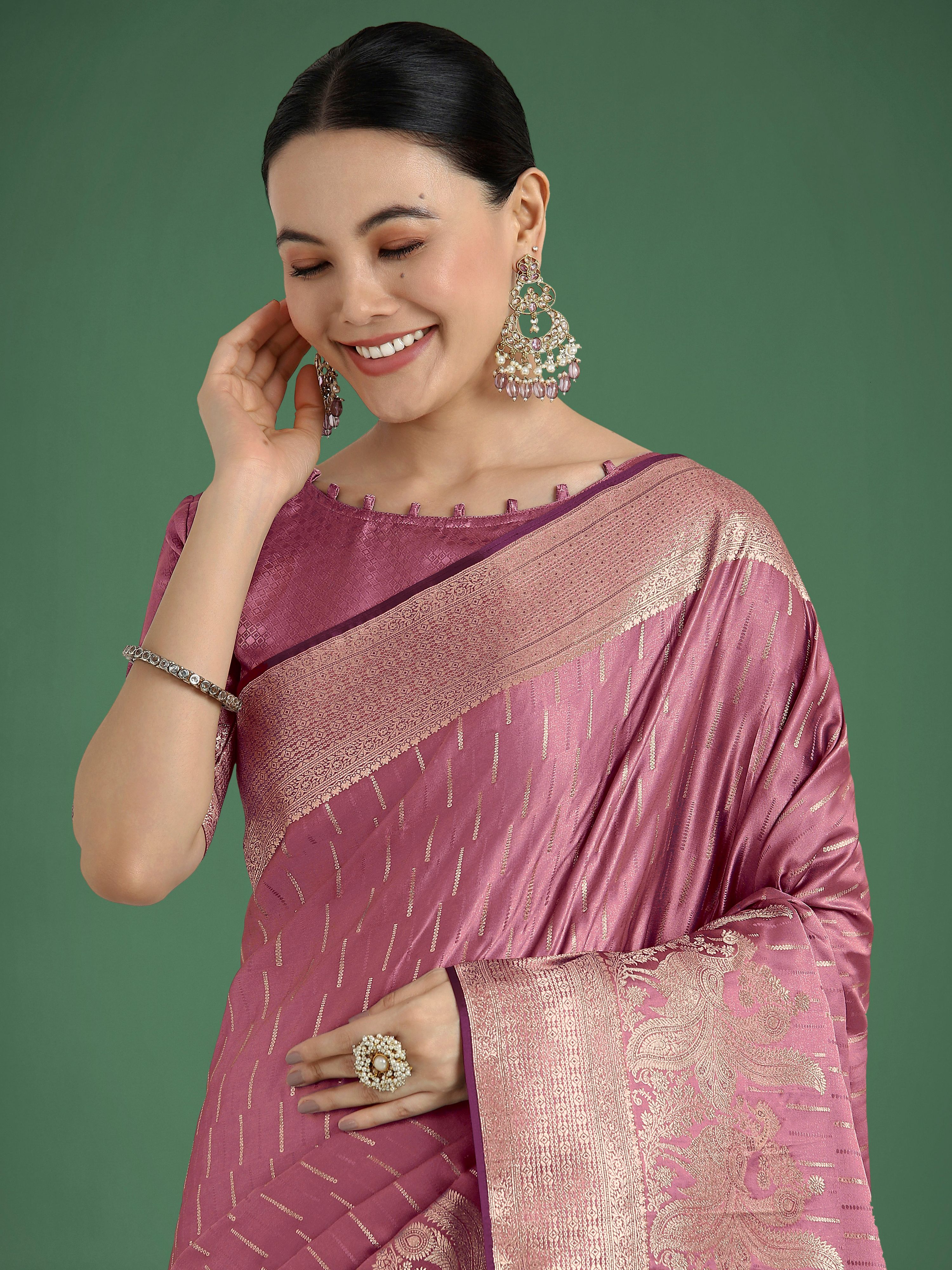 Monjolika Fashion Dusty Rose Pink Weaving Banarasi Satin Silk Trendy Saree For Festival