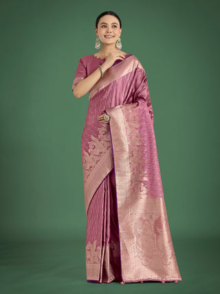 Monjolika Fashion Dusty Rose Pink Weaving Banarasi Satin Silk Trendy Saree For Festival