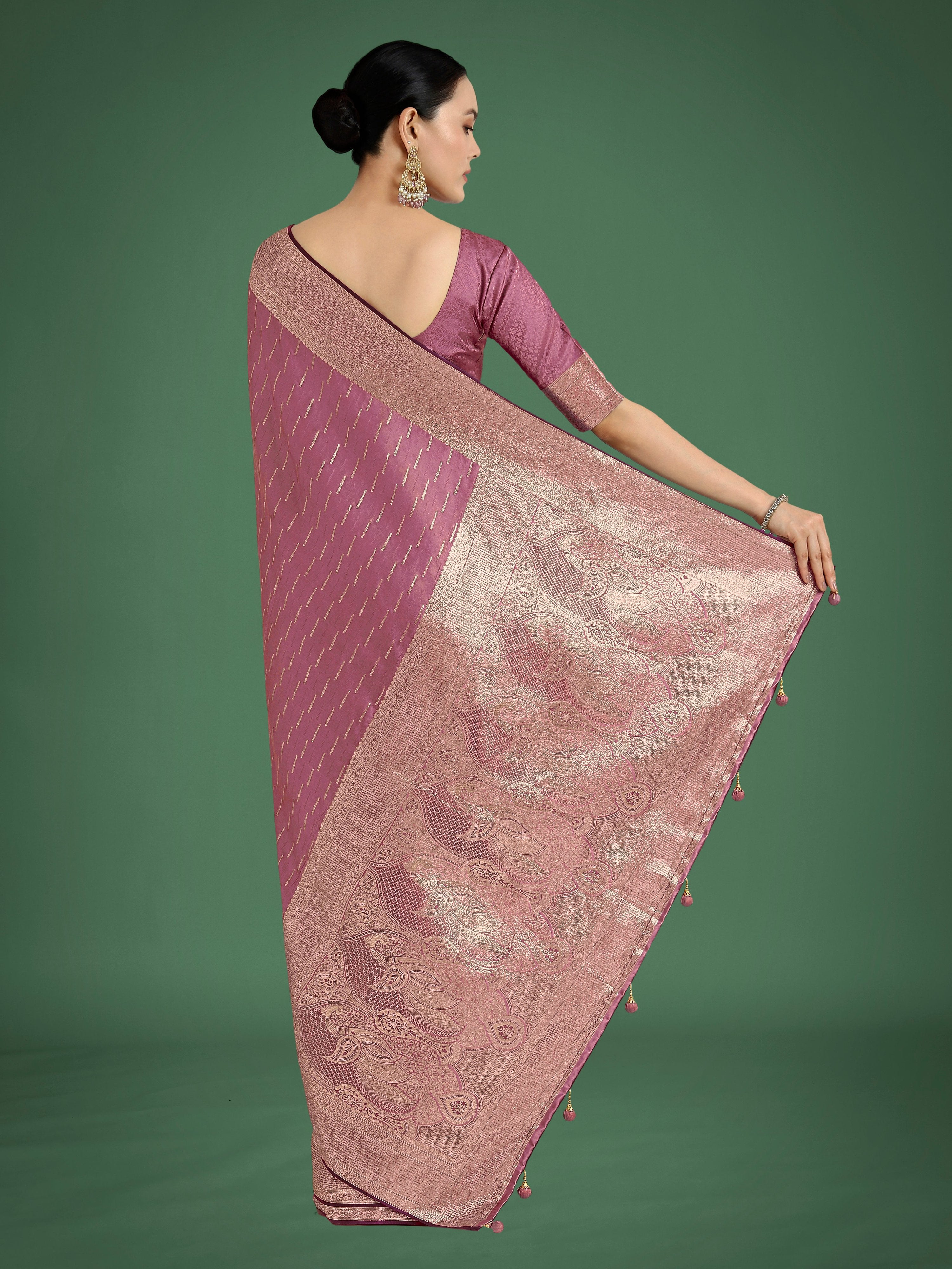 Monjolika Fashion Dusty Rose Pink Weaving Banarasi Satin Silk Trendy Saree For Festival