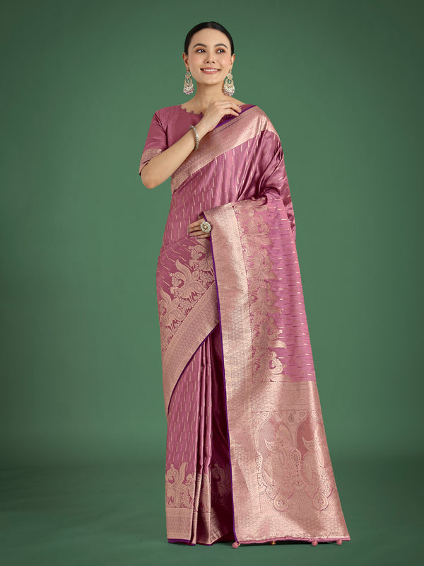 Monjolika Fashion Dusty Rose Pink Weaving Banarasi Satin Silk Trendy Saree For Festival