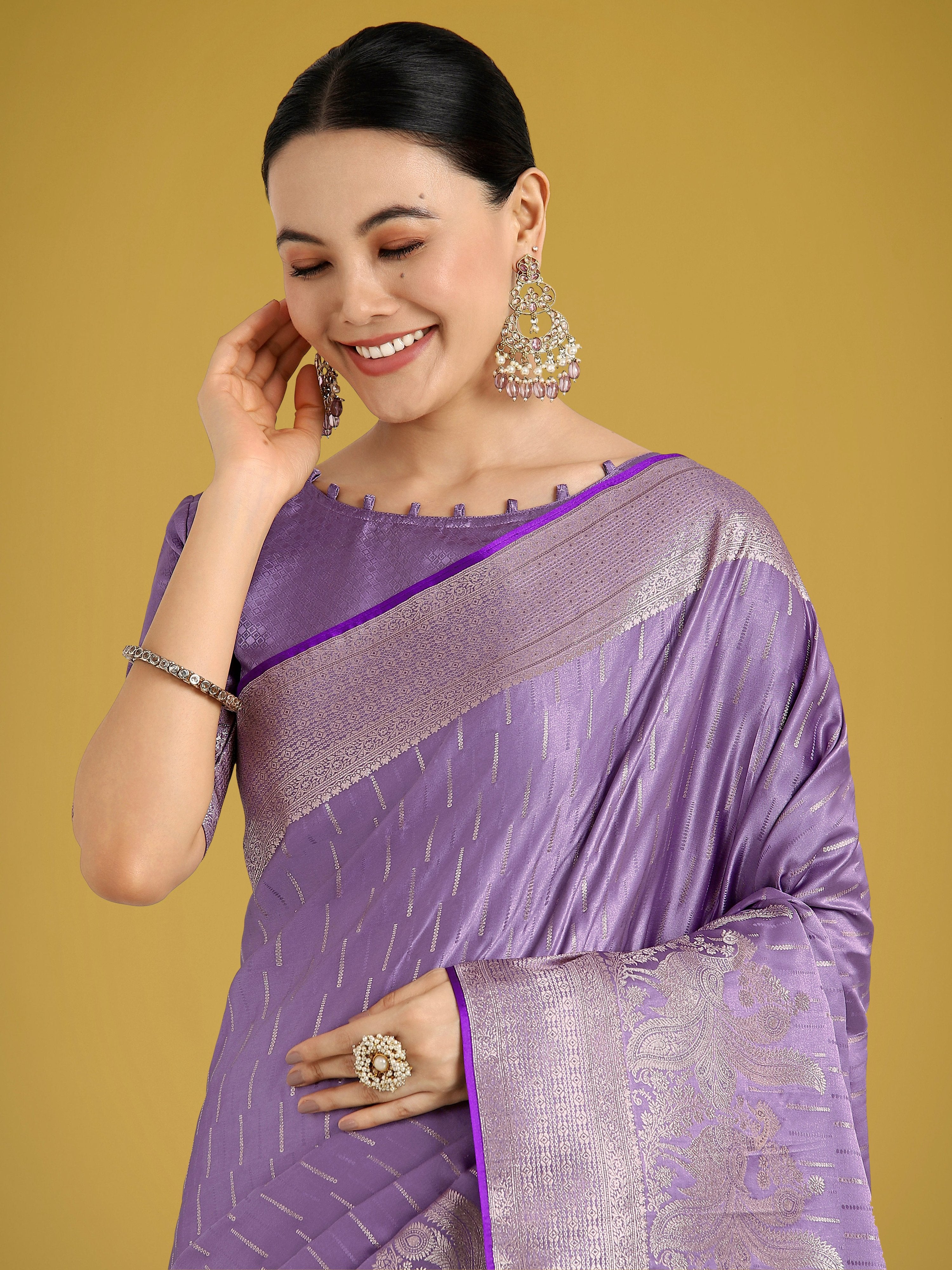 Monjolika Fashion Dusty Lavender Weaving Banarasi Satin Silk Trendy Saree For Festival