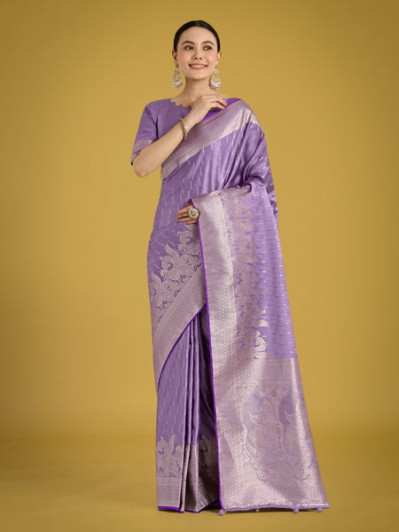 Monjolika Fashion Dusty Lavender Weaving Banarasi Satin Silk Trendy Saree For Festival