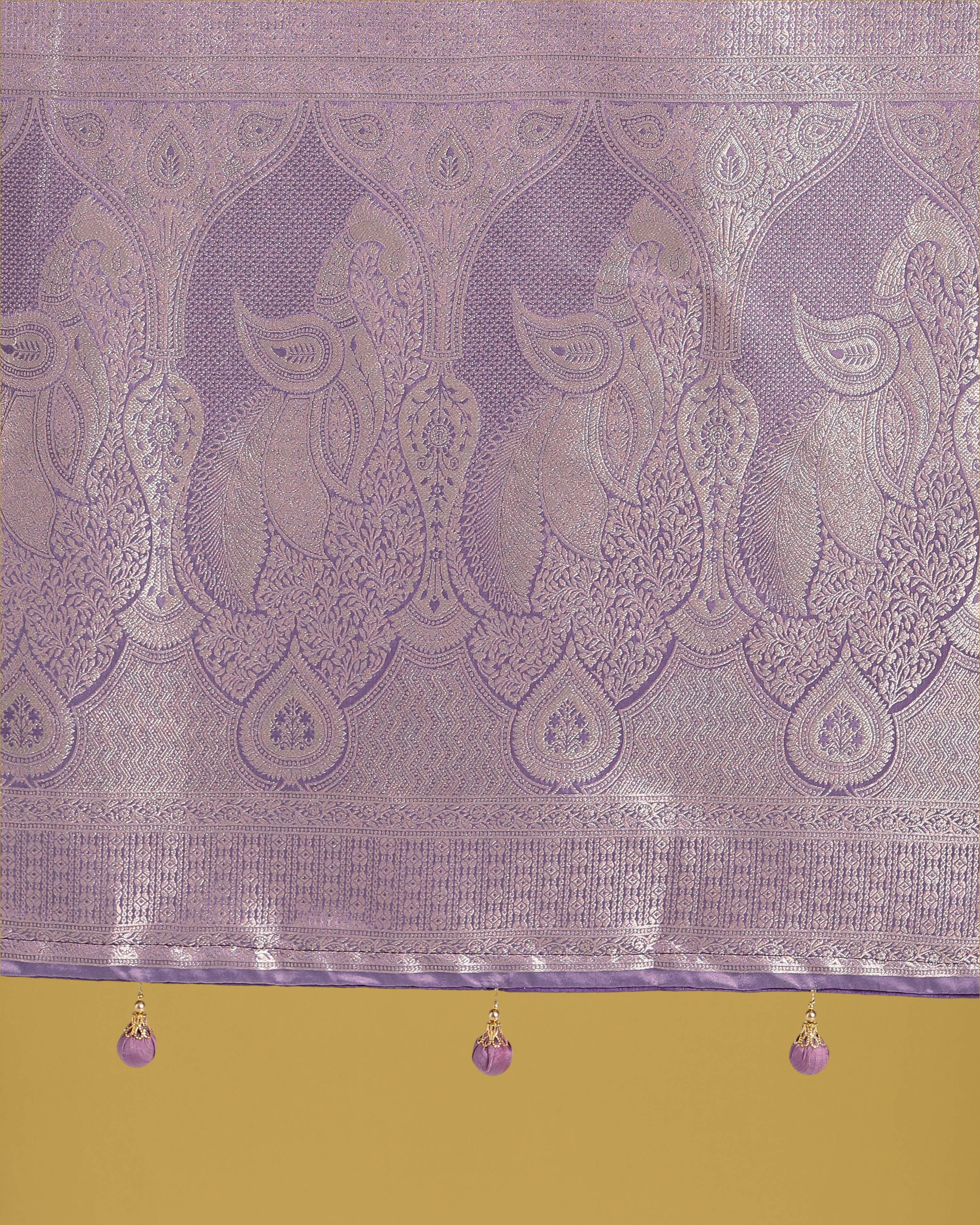 Monjolika Fashion Dusty Lavender Weaving Banarasi Satin Silk Trendy Saree For Festival
