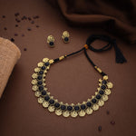 Thumbnail for Tehzeeb Creations Black Colour Gold-Polished Stone Jewellery Choker Necklace Set With Matching Pair of Stud Earrings - Distacart
