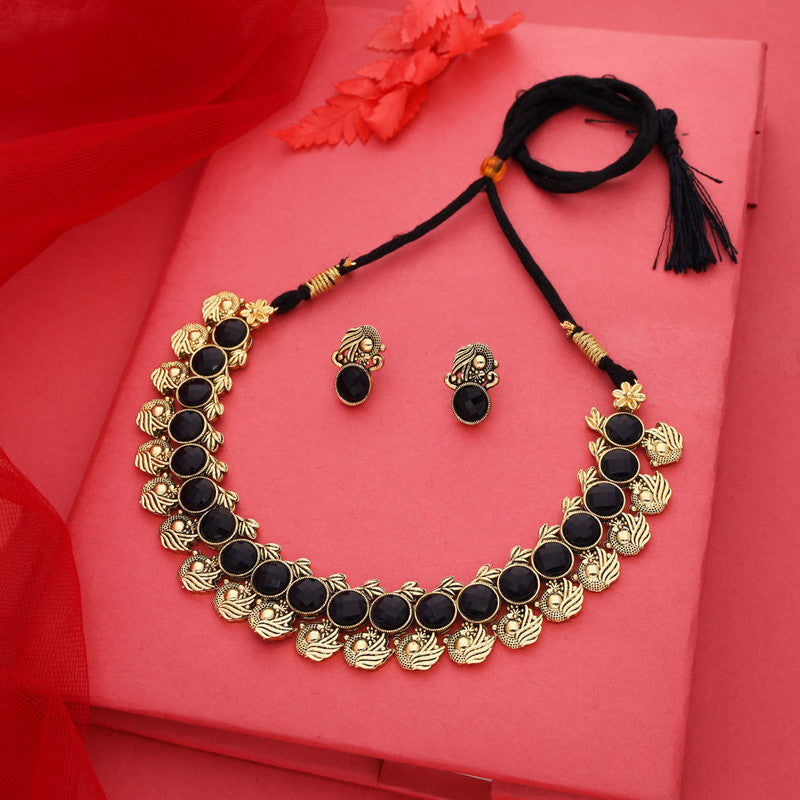 Tehzeeb Creations Black Colour Gold-Polished Stone Jewellery Choker Necklace Set With Matching Pair of Stud Earrings - Distacart