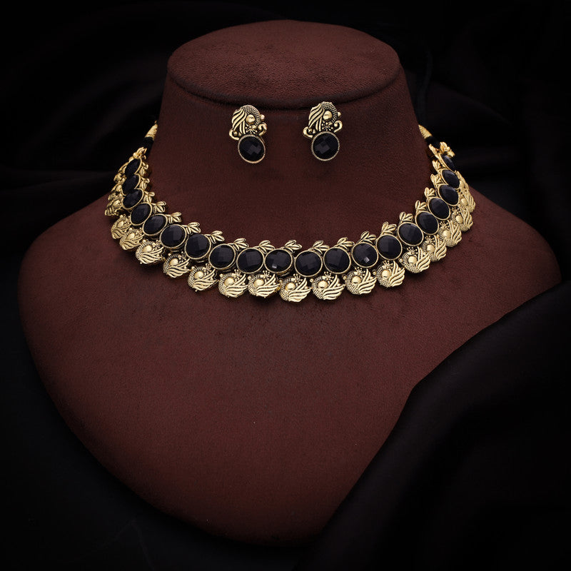 Tehzeeb Creations Black Colour Gold-Polished Stone Jewellery Choker Necklace Set With Matching Pair of Stud Earrings - Distacart