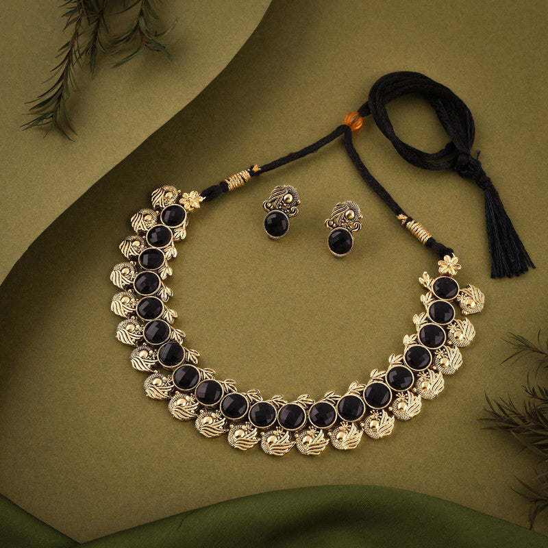 Tehzeeb Creations Black Colour Gold-Polished Stone Jewellery Choker Necklace Set With Matching Pair of Stud Earrings - Distacart