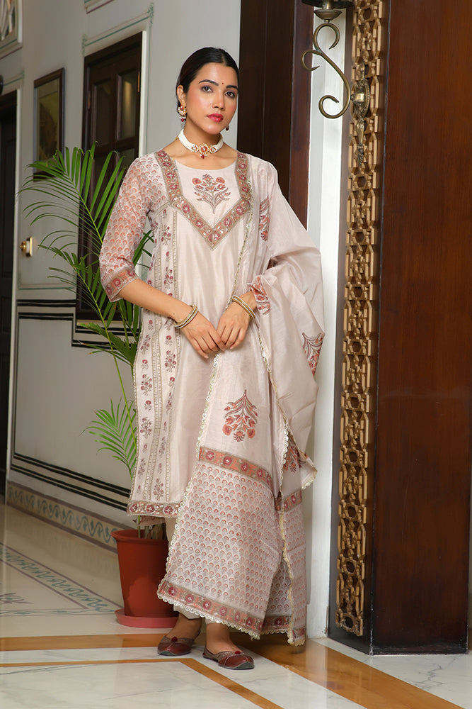 Vaasva Women Grey Chanderi Block Printed Embroidered Kurta Set With Solid Pants & Dupatta - Distacart
