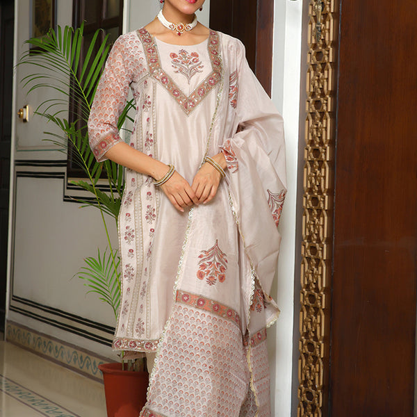Vaasva Women Grey Chanderi Block Printed Embroidered Kurta Set With Solid Pants & Dupatta - Distacart