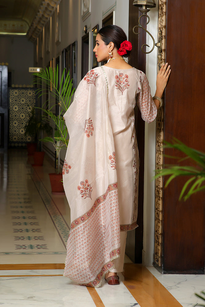 Vaasva Women Grey Chanderi Block Printed Embroidered Kurta Set With Solid Pants & Dupatta - Distacart