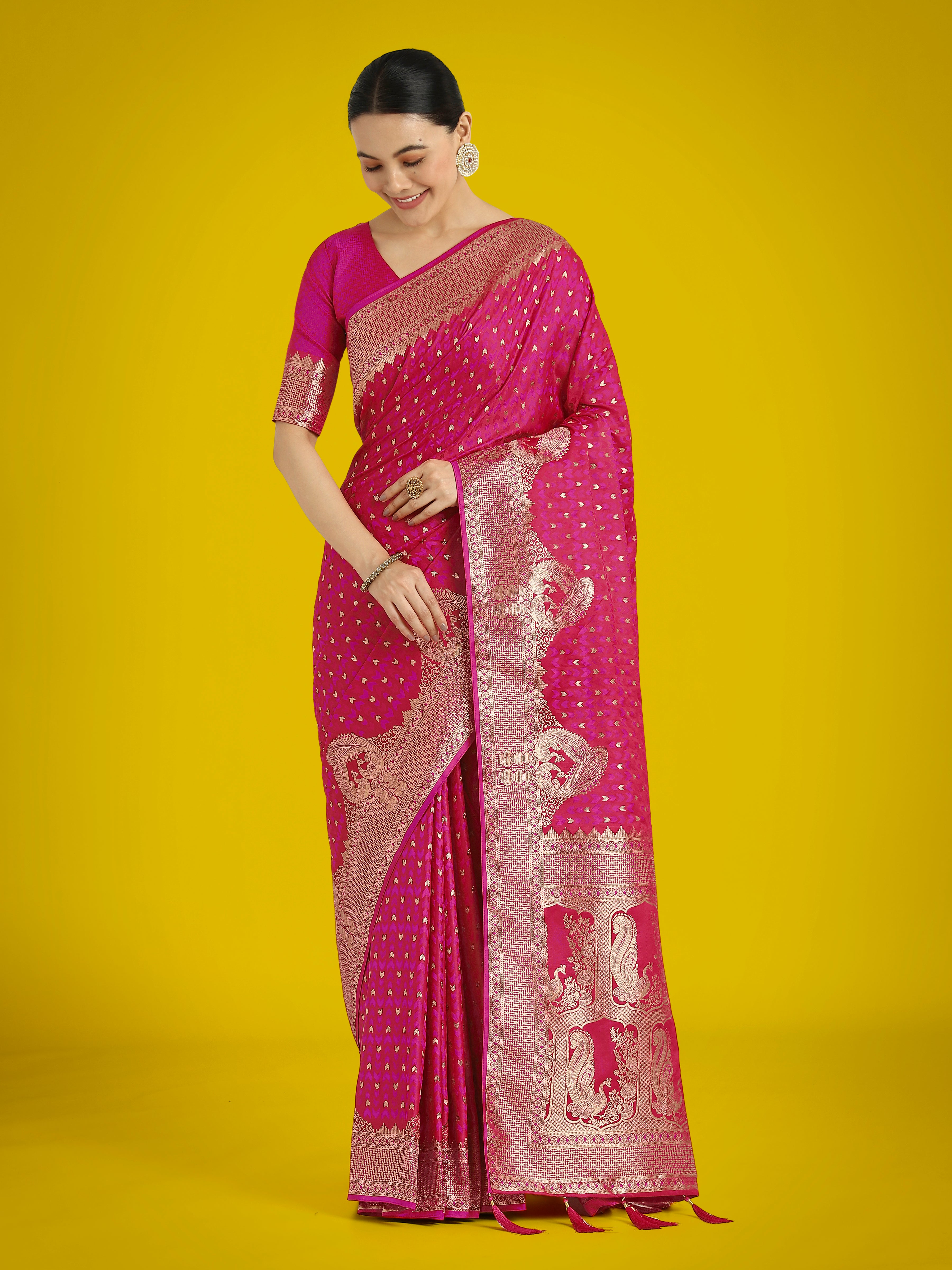 Monjolika Fashion Gorgeous Rani Pink Woven Banarasi Satin Designer Silk Saree