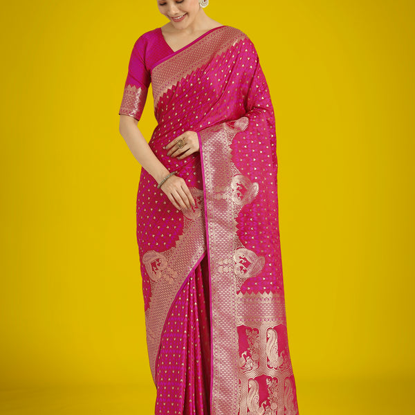 Monjolika Fashion Gorgeous Rani Pink Woven Banarasi Satin Designer Silk Saree - Distacart
